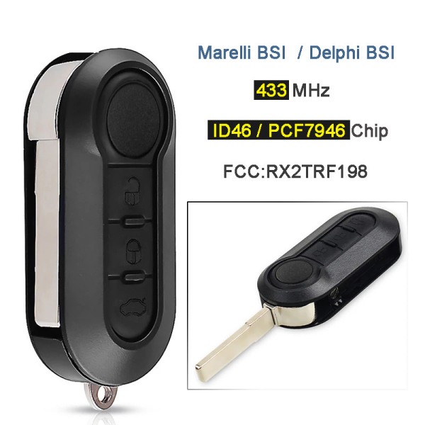 Fiat 3 Button 433MHz ID46 Chip RX2TRF198 Delphi BSI/Marelli BSI (No logo/With logo)