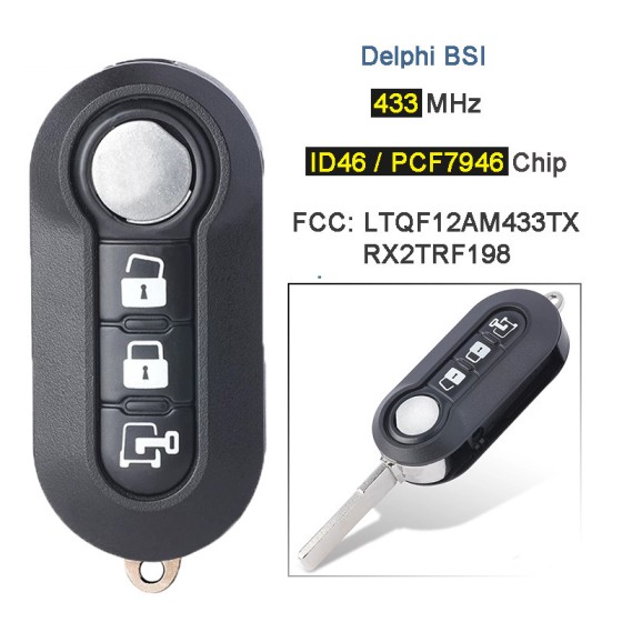 Fiat 3 Buttons 433MHz PCF7946A ID46 Delphi BSI LTQF12AM433TX(No logo/With logo)