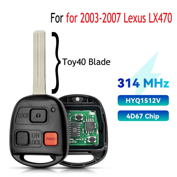 3 Button Remote Key Fob TOY48 Blade 314MHz 4D67 Chip HYQ1512V(No logo/With logo)