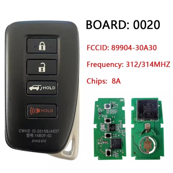 2013-2020 Lexus / 4-Button 314.3Mhz Smart-Key / PN: 89904-06170 / HYQ14FBA (G Board 0020)(No logo/With logo)