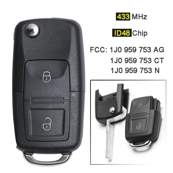 VW 2 Buttons 434MHz ID48 Chip 1J0 959 753 AG/CT/N(No logo/With logo)