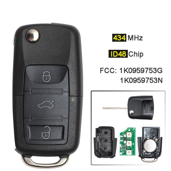 3 Button 434MHz ID48 Chip 1J0 959 753 G/N (No logo/With logo)