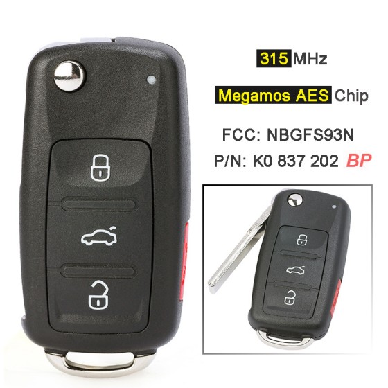 315MHz Keyless-Go Megamos AES ID88 FCC: NBGFS93N 5K0 837 202 BP(No logo/With logo)
