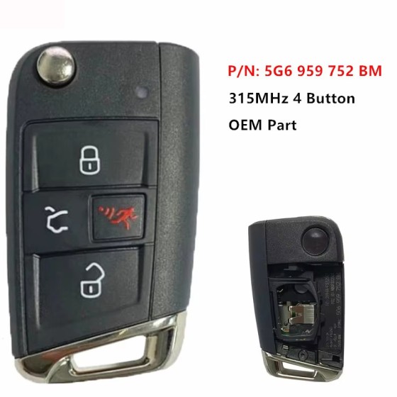 4 Button Volkswagen 315MHz MQB48 Chip P/N: 5G6 959 752 BM(No logo/With logo)
