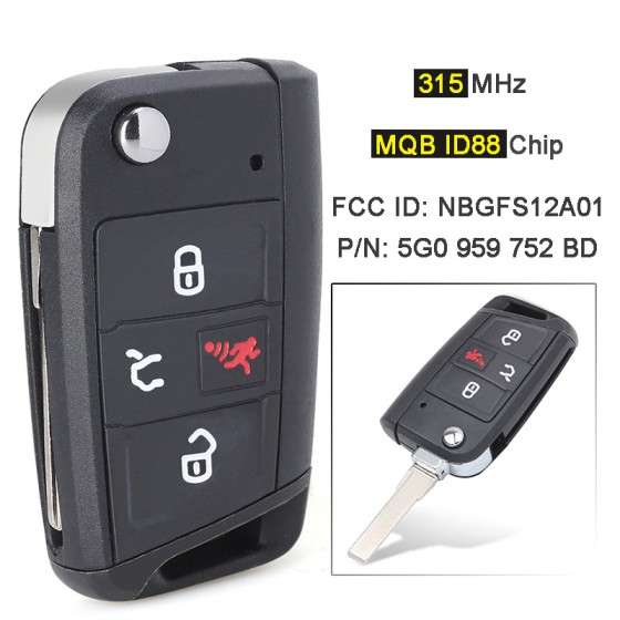 3+1 Buttons 315MHz MQB AES ID88 Chip NBGFS12A01 5G0 959 752 BD (No logo/With logo)