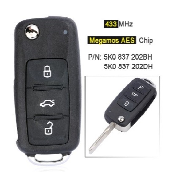 433MHz ASK Megamos AES / ID88 Chip 5K0 837 202 BH / DH Smart Remote Key Fob